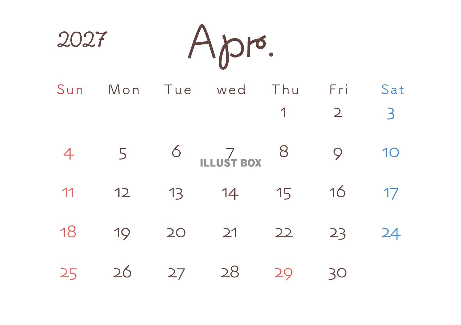 2027年4月カレンダー