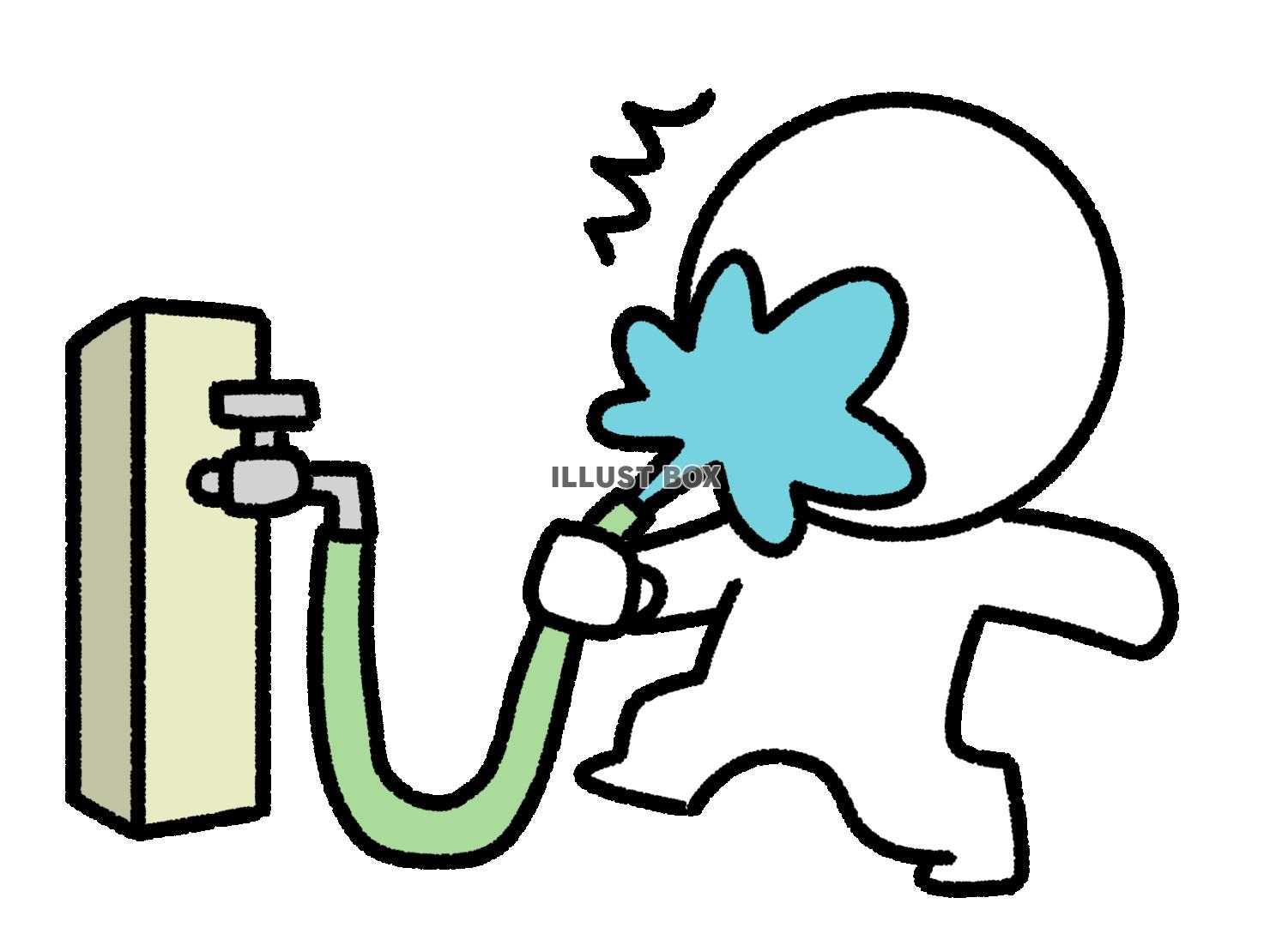 ホースで自分の顔に水をかけてしまう棒人間