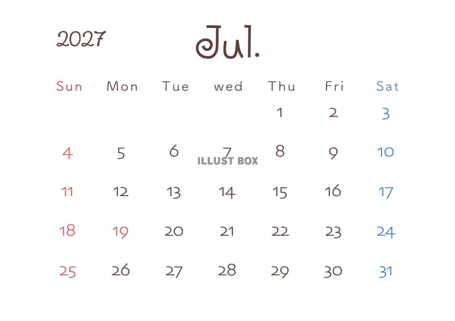 2027年7月カレンダー