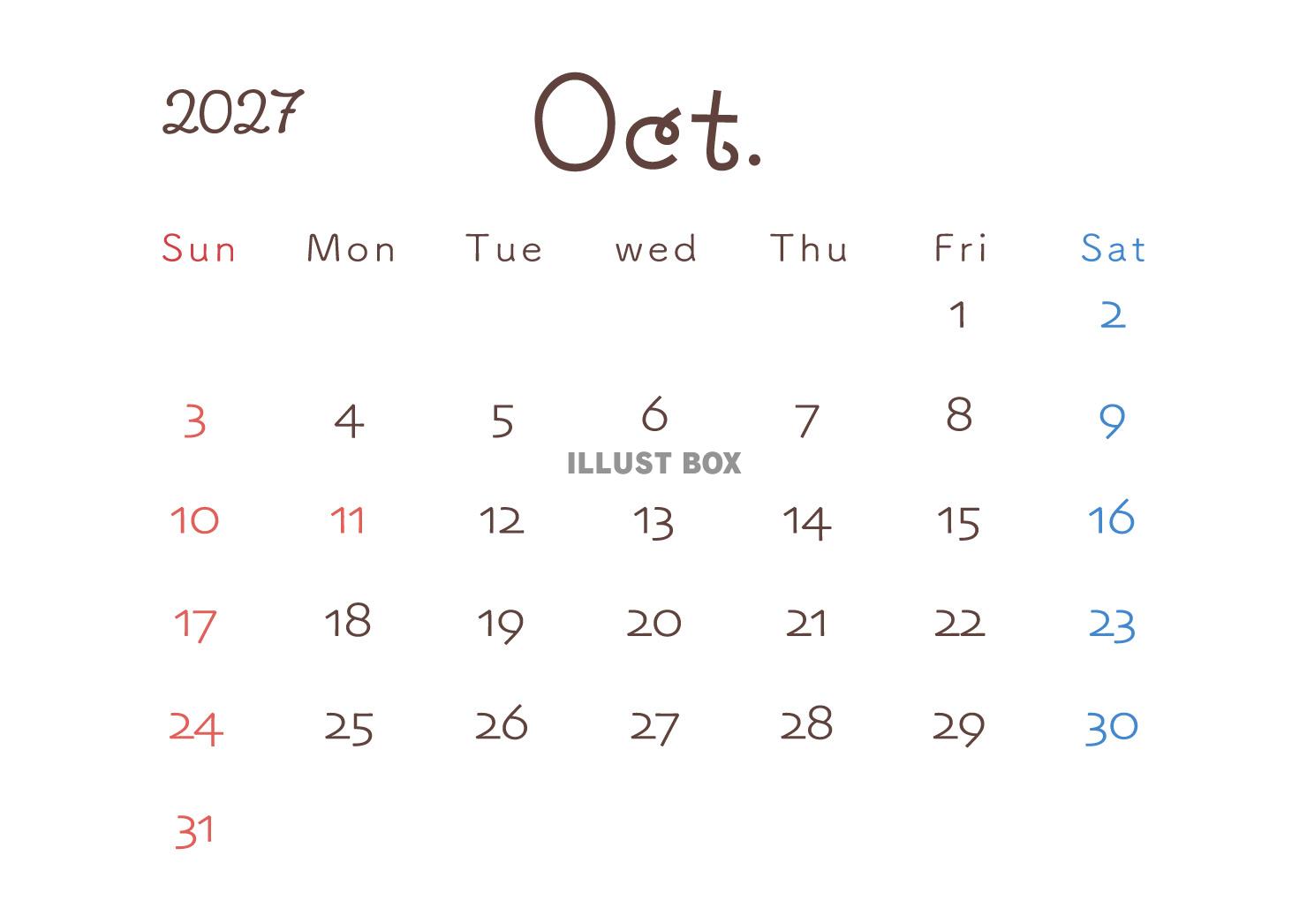 2027年10月カレンダー