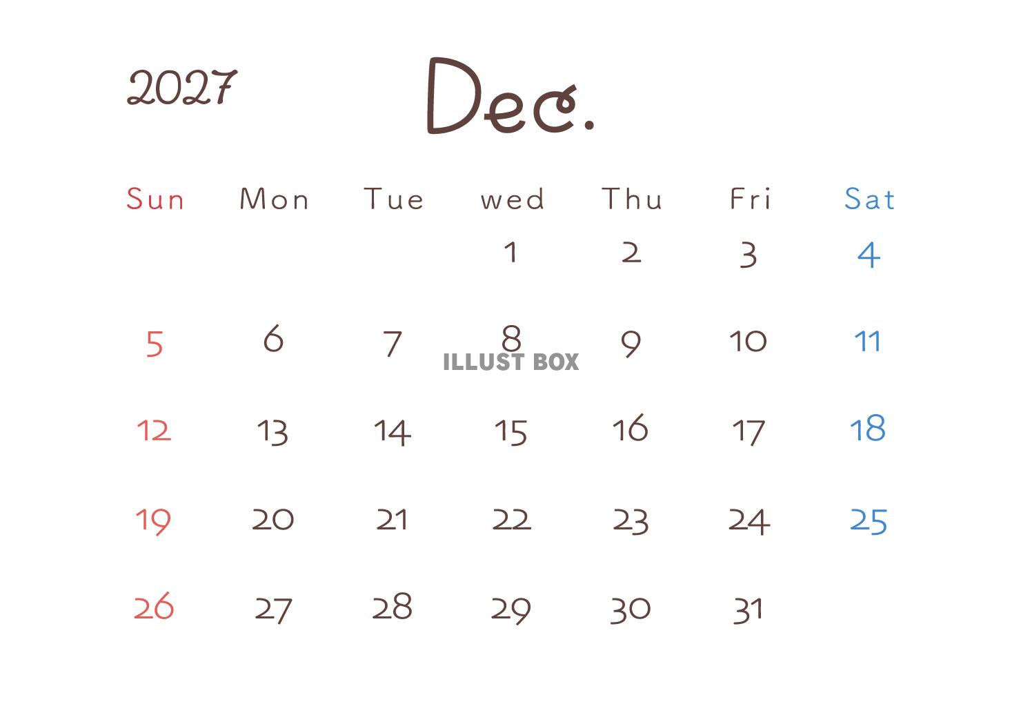 2027年12月カレンダー