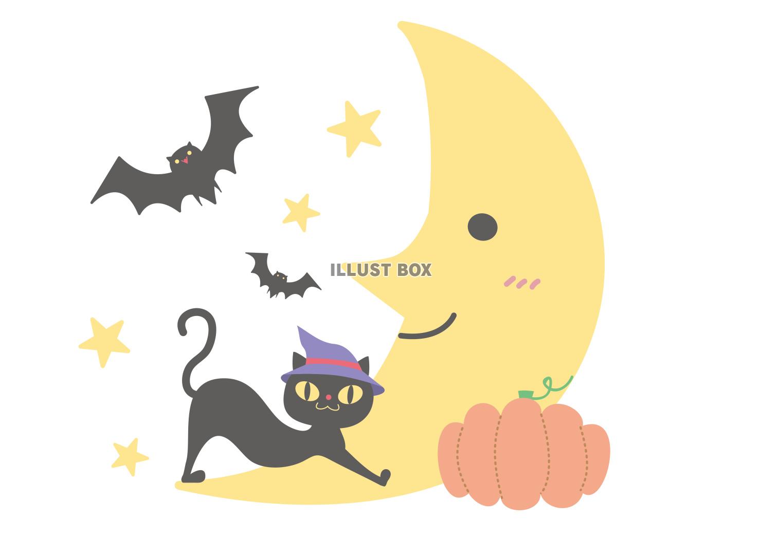 ハロウィンナイトのイラスト　黒猫とこうもりと三日月