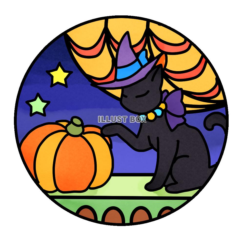 猫と風景のステンドグラス風イラスト・ハロウィン